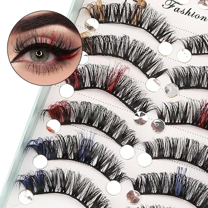 Sunniess Ombre Colored Lashes Silk Protein Fluffy Wispy Volume Fake Lashes for Halloweens Cosplay Party Stage Russian D Curl Lashes with Color Make up Faux Mink False Eyelashes
