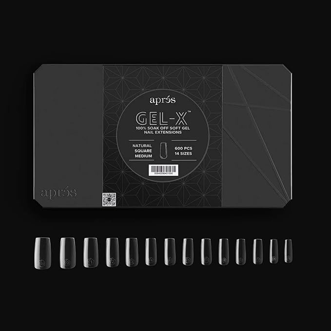 Apres Nail Gel-X Natural Square Medium Box of Tips | 600 Gel-X Tips, Premium Quality, 14 Sizes 00-9 | Half-sizes Included