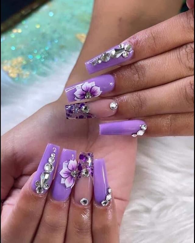 3D Acrylic Violet Flower Nail Art Charms Handmade by Acrylic Powder - 24pcs 3D Flowers Nails Rhinestones Kit 3D Crystal Nail Pearls Design Acrylic Nail Art for Women (Violet)