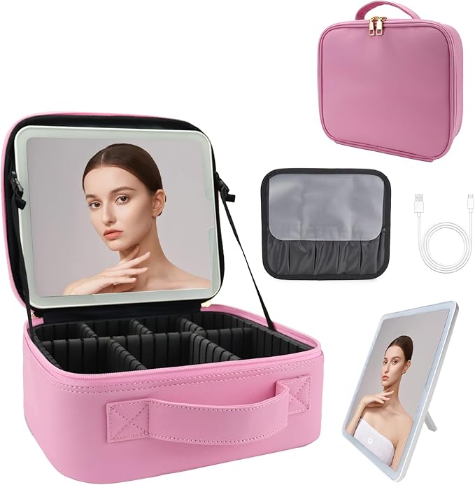 Travel Makeup Bag with LED Lighted Mirror,Cosmetics Organizer, Makeup Bag with 3 Color Lighted Setting, Portable Storage and Adjustable Dividers Travel Makeup Bag(Dark Pink)