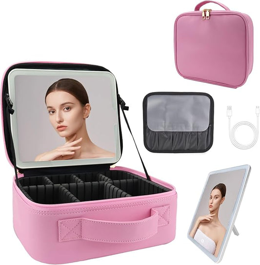 Travel Makeup Bag with LED Lighted Mirror,Cosmetics Organizer, Makeup Bag with 3 Color Lighted Setting, Portable Storage and Adjustable Dividers Travel Makeup Bag(Dark Pink)