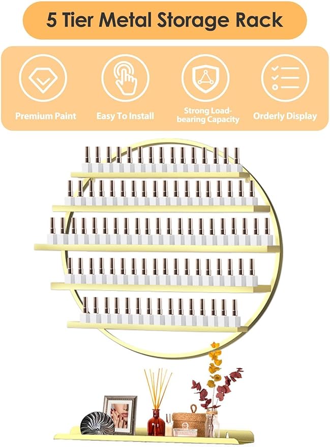 EBANKU 6PCS Metal Wall-mounted Nail Polish Storage Racks, 5 Tiers Round Display Rack Cosmetic Display Case Lipstick Perfume Wall Shelf Essential Oil Organizer for Home Spa Nail Salon Shop