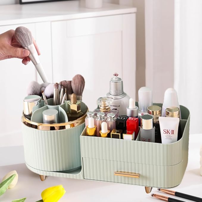 Makeup Organizer Countertop with Drawer 360 Rotating Brush Holder Storage Large Capacity Skincare Cosmetic Display Cases for Vanity Bathroom Desktop, Model 3016 Green