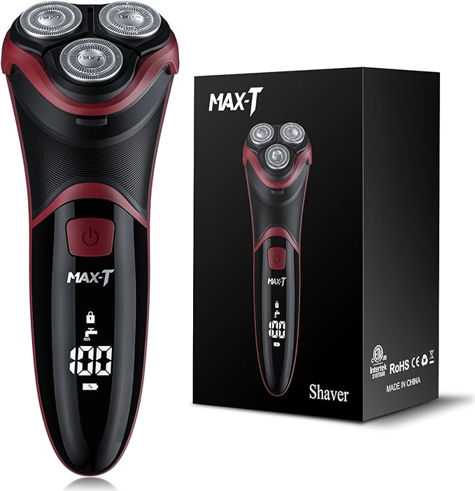 MAX-T Men's Electric Shaver - Corded and Cordless Rechargeable 3D Rotary Shaver Razor for Men with Pop-up Sideburn Trimmer Wet and Dry Painless 100-240V Red