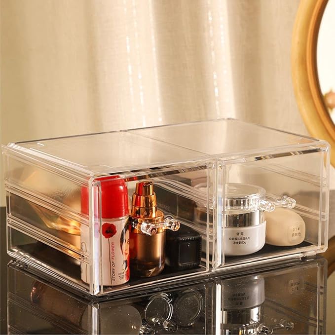 Cq acrylic 4 Pack Clear Skincare Organizer for Vanity,Stackable 7 Drawers Make Up Organizer,Cute Cosmetic Organizers for Vanity Jewelry,Hair Clip,Beauty,Skincare Product Dresser Acrylic Desk Organizer