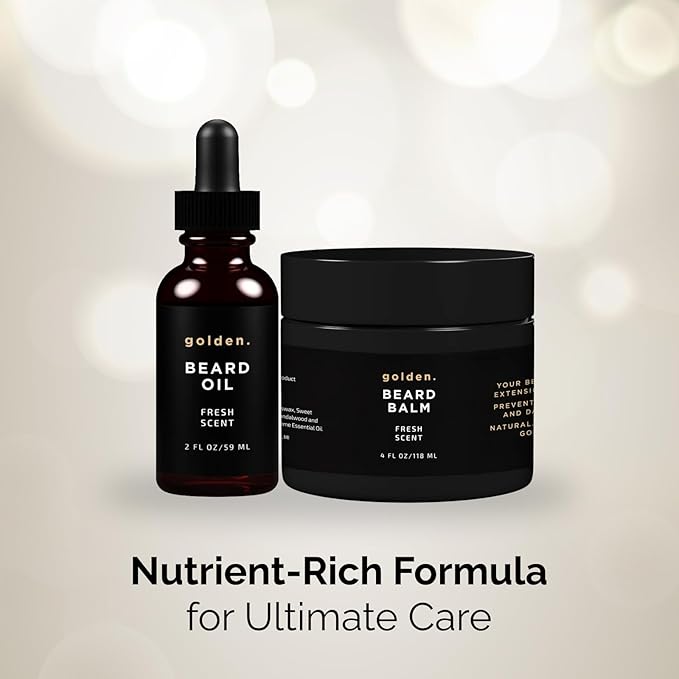 Golden Grooming Beard Oil & Balm Bundle for Men | Natural Growth Kit with Shea Butter | 4oz Balm & 2oz Oil | Fresh Scent