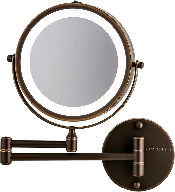OVENTE 7" Lighted Wall Mount Makeup Mirror with 1X/7X Magnification, Cordless Double Sided Magnifying Round Vanity Mirror, 360° Swivel Design, Extendable and Folding Arm, Antique Bronze MFW70ABZ1X7X