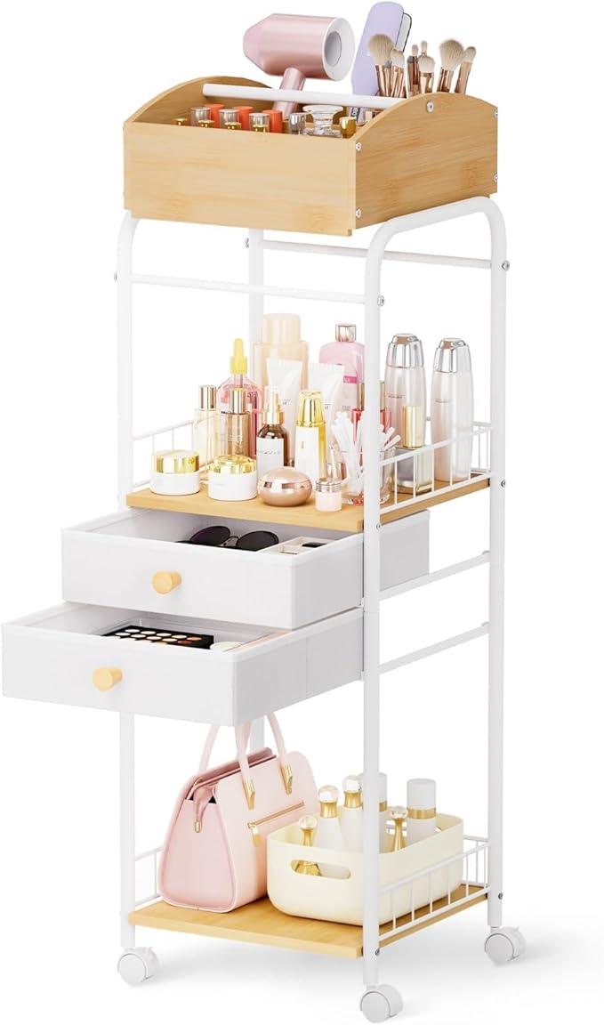 Lifewit Floor Makeup Organizer Storage Cart with Drawers and Wheels, Skincare Cosmetics Organizers with Removable Top Tray, Vanity Organizer for Nail Polish Perfume Makeup Brush, Ideal Gift, White
