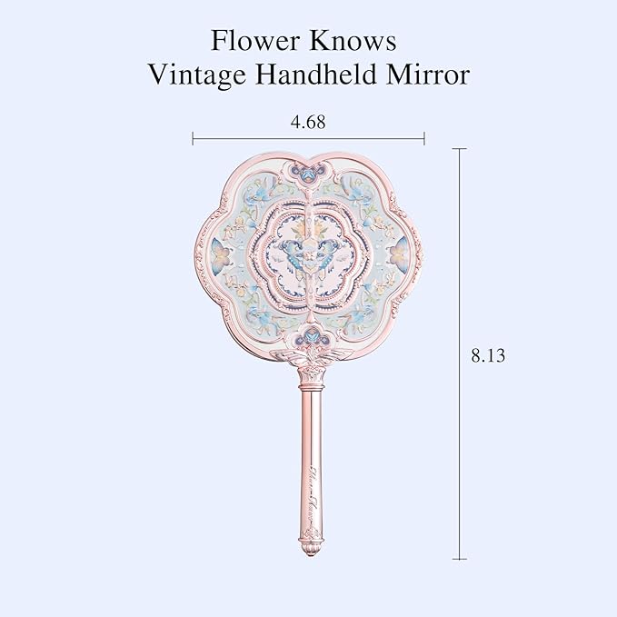 Flower Knows Butterfly Cloud Collar Hand Mirror,Portable Vintage Handheld Mirror,Durable Metal Mirror,Cute & Aesthetic Princess Mirror,with Long Handle for Easy Holding,Gift for Girls(Floral Cyan)