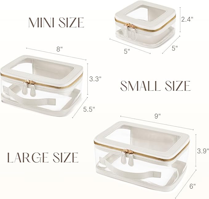 Clear Cosmetic Bag Set for Women Makeup Bag with Handle, 3 Pcs Travel Toiletry Bag Transparent Cosmetic Case Portable Make Up Organizer Bag for Essentials (White, Mini+S+L)