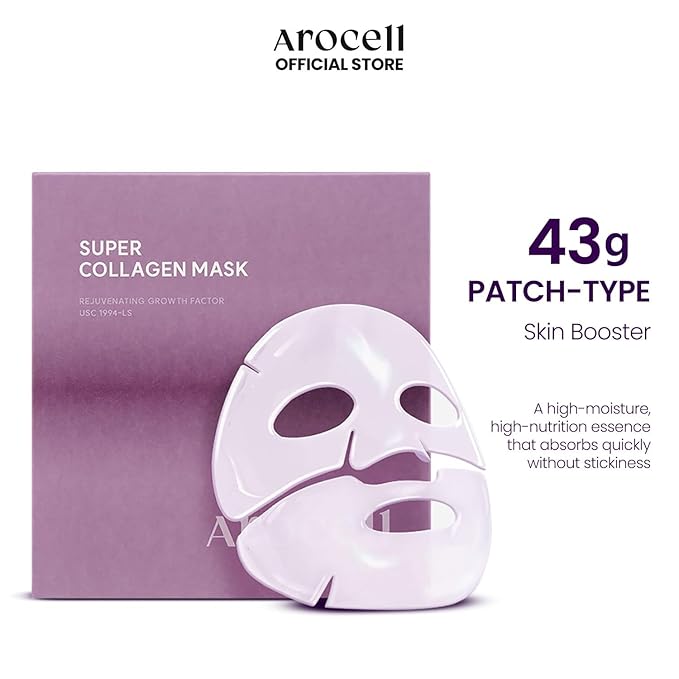 AROCELL Super Collagen Mask 4 Facial Sheet Dual Matrix Hydrogel Masks with Low Molecular Weight Collagen for Elasticity Hydrating Anti-Aging Cooling Korean Skincare, 43g x 4ea