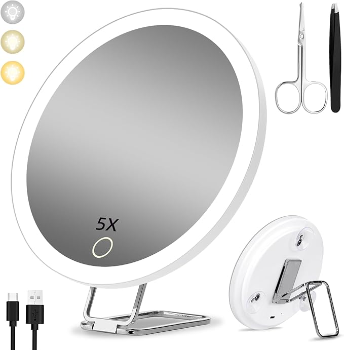 5X Magnifying Mirror With Light, 3 Color Modes Dimmable Large 6'' Lighted Mirror With Suction Cups & Table Stand, Travel Magnifier With Tweezers & Scissors
