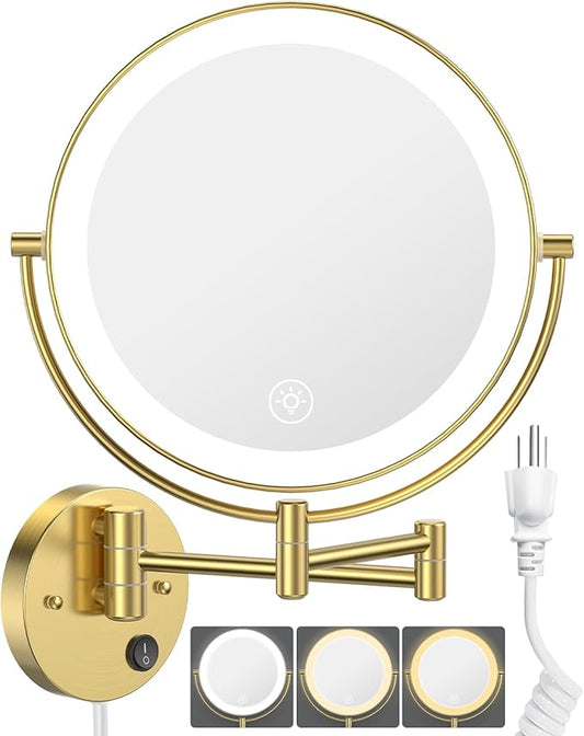 Benbilry 9" Large Size Wall Mounted Lighted Makeup Vanity Mirror, 1X/10X Magnifying Double-Sided AC Powered Bathroom Mirror with 3 Color Lights, Touch Dimmable, Extended Arm 360 Rotation, Gold