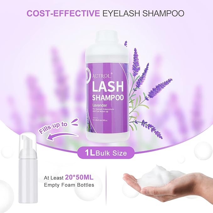 Eyelash Extension Cleanser Lavender 1L Natural Lash Extension Shampoo Professional Eyelid Foaming Cleanser Paraben & Sulfate Free Non-lrritating with Salon and Home Care