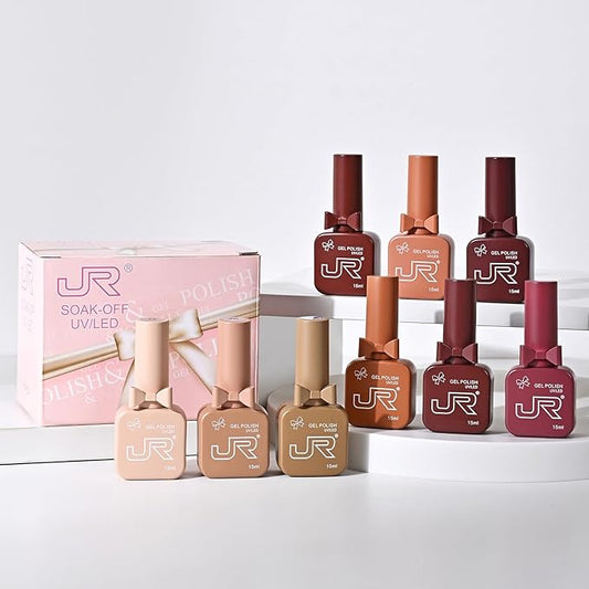 JR 9 Colors 0.5oz Gel Nail Polish Set Bow Bottle Design Including Red Pink Nude Gel Polish Kit UV LED Soak Off Polish Home DIY Gift C Brown Series