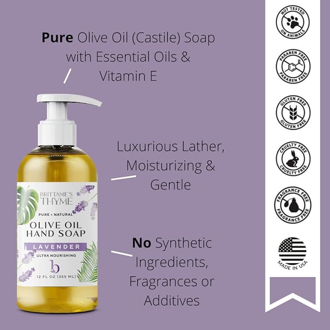 Brittanie’s Pure Castile Liquid Soap Refill, Lavender, 16 Ounce | Dish Soap, Hair & Body, Home, Gentle and Pure, Made with Natural Luxurious Oils, Vegan & Gluten Free Non-GMO
