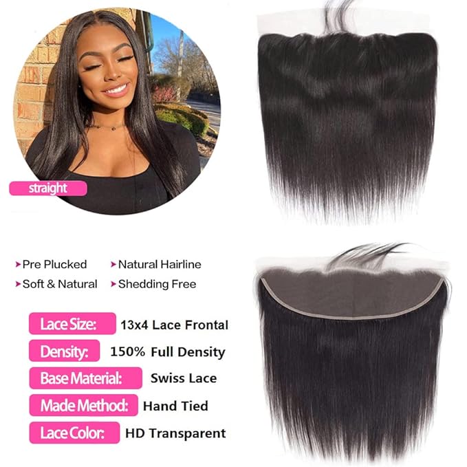 13x4 HD Lace Frontal Closure 18 Inch Straight Lace Frontal Human Hair 100% Unprocessed Brazilian Virgin Hair Ear to Ear Swiss HD Transparent Lace Closure Only Pre Plucked 1B Black