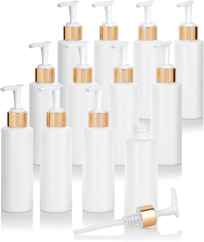 4 oz / 120 ml White Plastic HDPE Refillable Cylinder Squeeze Bottle with Gold Lotion Pump (12 Pack)