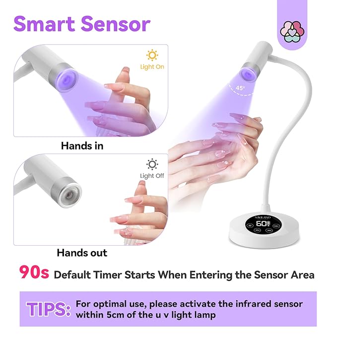 Saviland Intellisense Gooseneck U V Lamp for Gel Nails: Motion Sensor 12W U V Nail Lamp Quick Drying LED Cure Lamp Rechargeable Gel Lamp 3 Timers Setting 360°Adjustable Nail Dryer Manicure Light