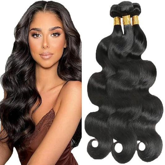 Natural Color Human Hair Body Wave Bundles #1B Body Wave Bundles 8a Grade Double Weft Brazilian Human Hair Soft and Silky for Black Women 22 24 26 Inch