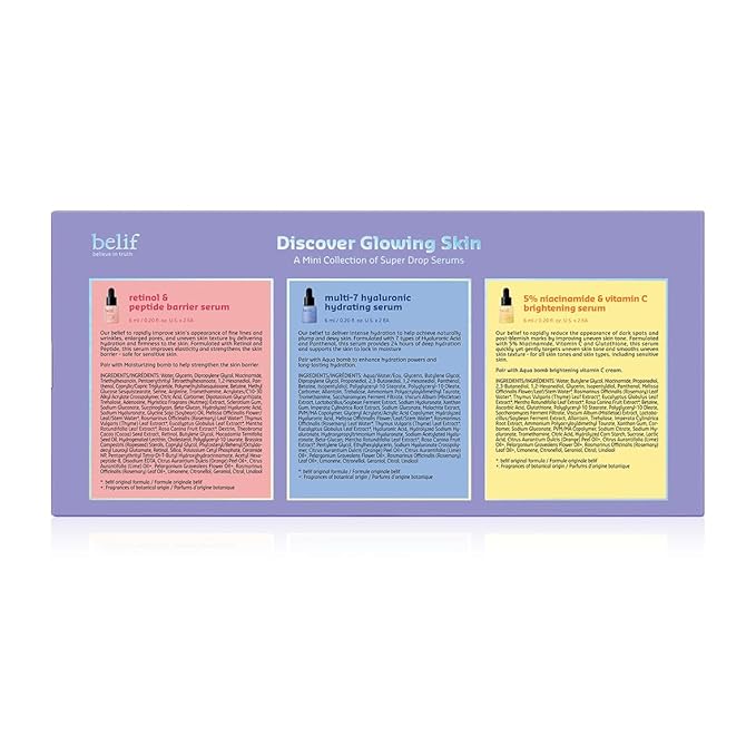 belif Discover Glowing Skin Mini Kit: Peptides Firming Serum, Multi7-Hyaluron Hydrating Serum, Vitamin C Serum, Super Drops Trial Set, Hyaluronic Acid, 5% Niacinamide, Retinol, Korean Skin Care