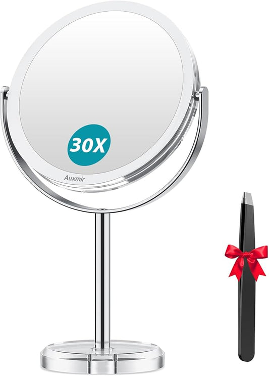 1X/ 30X Magnifying Mirror, Makeup Mirror with Tweezer, Double Sided Round Vanity Tabletop Mirror, 360° Rotation Portable for Dressing Table Desk Bathroom Bedroom Travel, Clear