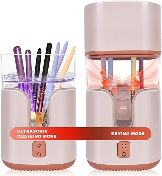 2 In 1 Electric Makeup Brush Cleaner Ultrasonic Cleaner Machine With 95℉ Hot Air Cycle Dryer - Ultra Fast Effective Make Up Brush Washer (Pink)