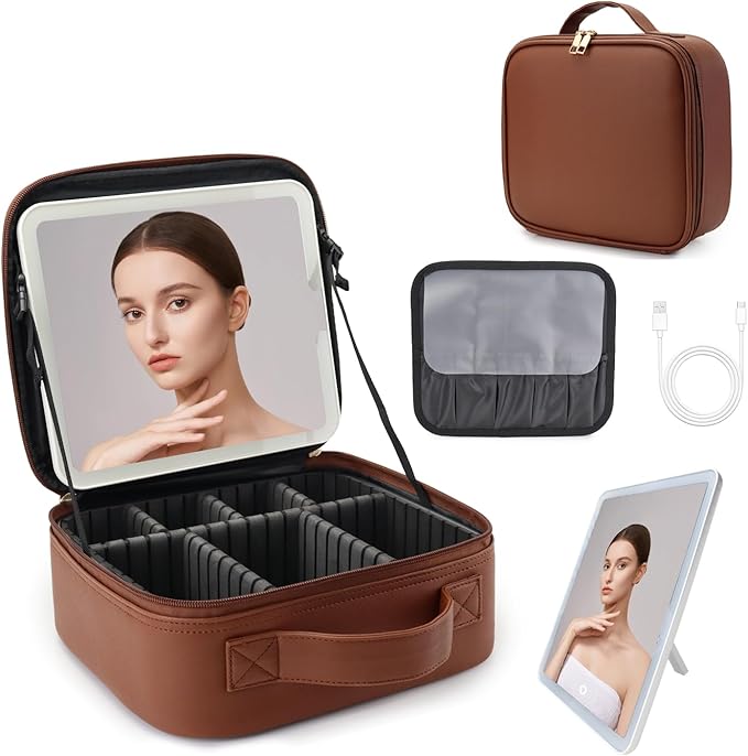 Travel Makeup Bag with LED Lighted Mirror,Cosmetics Organizer, Makeup Bag with 3 Color Lighted Setting, Portable Storage and Adjustable Dividers Travel Makeup Bag(Dark brown)