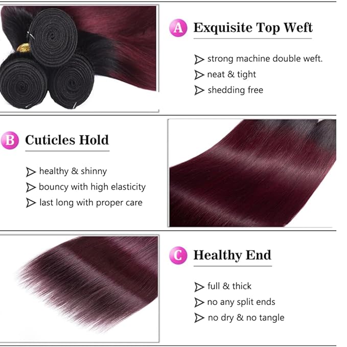 Ombre Human Hair 1B99J Straight Bundles Two Tone Black to Burgundy Bundles Brazilian Human Hair Weave Soft and Silky for Women 24 26 28 Inch
