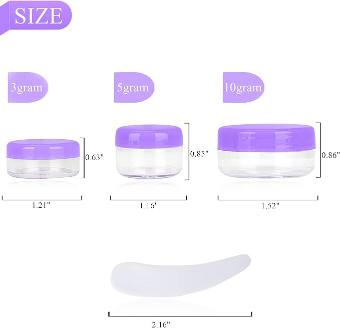 50PCS 3 Gram Sample Containers, 3ml Empty Jars with Lids, Small Cosmetic Containers, Mini Sample Jars with 4PCS Mini Spatulas for Make Up, Oils, Lotion, Powder, Paint, Jewelry, Lip Balms(Purple Lid)
