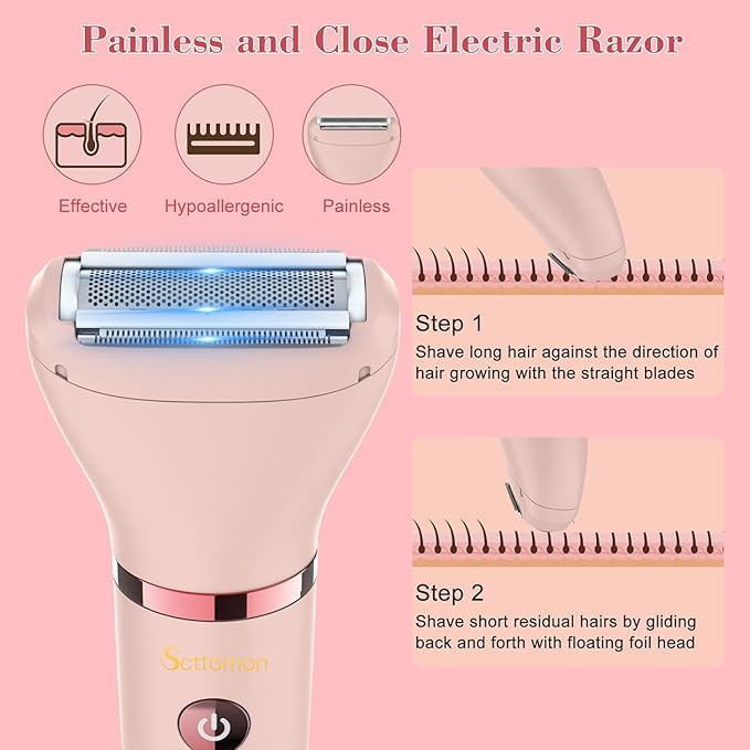 3-in-1 Electric Razor IPX7 Waterproof Bikini Trimmer Wet & Dry Use Painless Personal Trimmer Groomer for Ladies Face Body Legs Bikini Public Hairs Electric Lady Shaver with Replaceable Heads