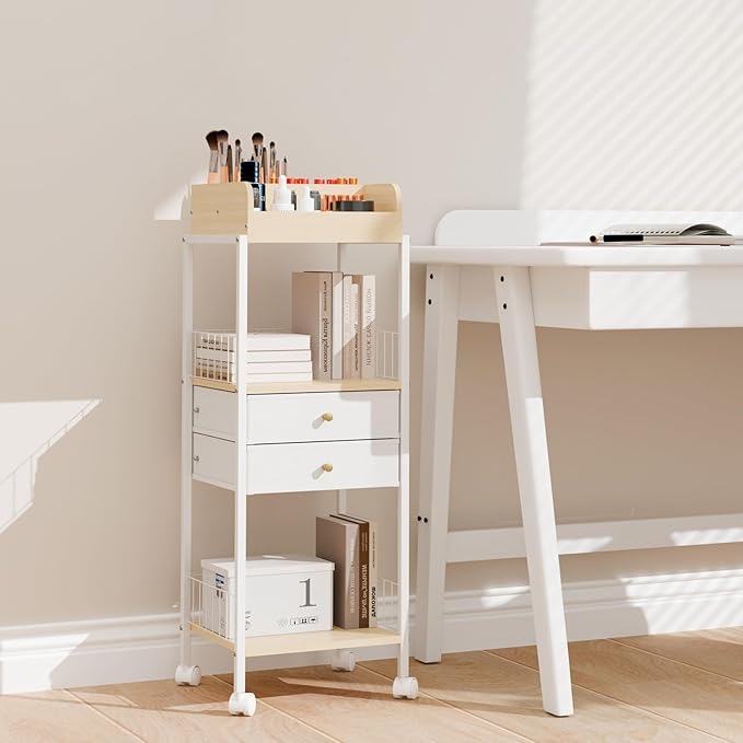 Makeup Organizer Cart Shelf Floor Skincare Organizers Make Up and Station Storage Cabinet For Vanity Standing Cosmetics With Drawers and Wheels For Nail Polish Perfume Hair Tool Holder Beauty(White)