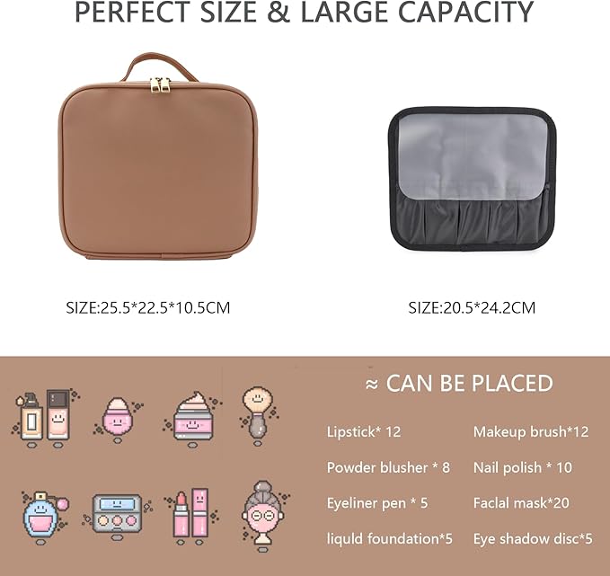 Travel Makeup Bag with LED Lighted Mirror,Cosmetics Organizer, Makeup Bag with 3 Color Lighted Setting, Portable Storage and Adjustable Dividers Travel Makeup Bag(khaki)