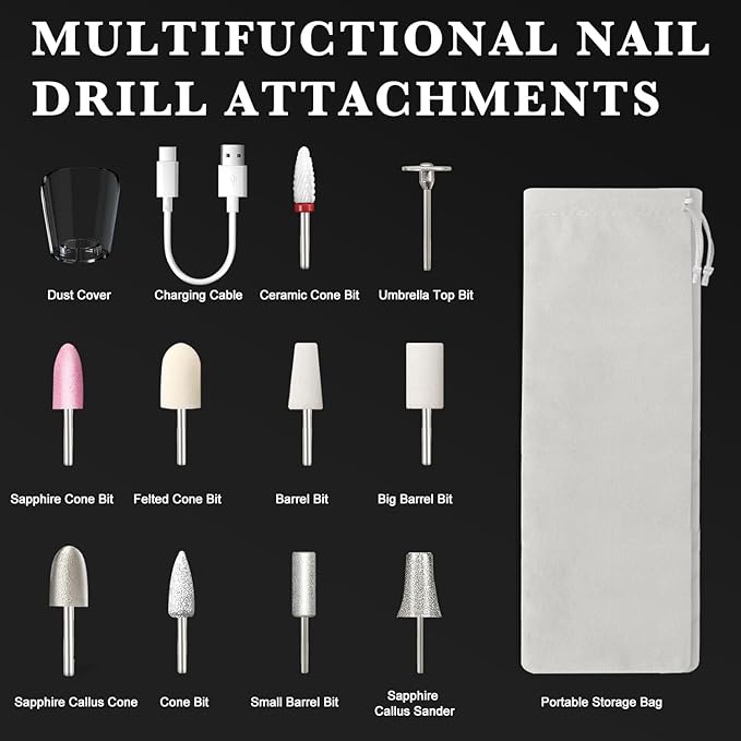 ENGERWALL Professional Manicure Pedicure Kit, Electric Nail File Set, Portable Cordless Electric Nail Drill Machine, 10 Speeds Nail Care Tool for Grind Trim Polish, White