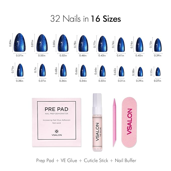 Press on Nails Short Almond - Blue Cat Eye Chrome Nails Kit, Reusable Gel Fake Nails with Nail Glue & Nail File - 32 PCS in 16 Sizes (Limited Edition Mini Pack)
