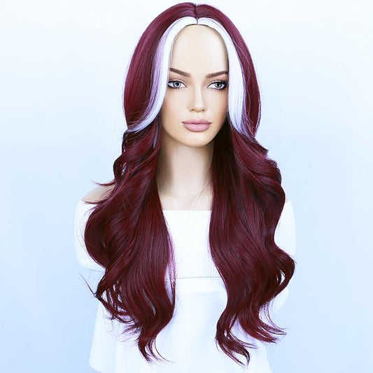 BERON Burgundy Wigs Long Wavy Wig for Women Curly Wine Red Heat Resistant Synthetic Hair Wigs for Cosplay Party Daily or Use
