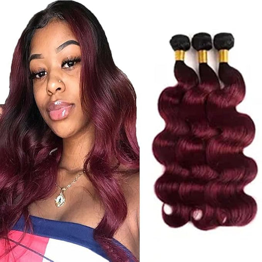 Ombre Human Hair1B99j Body Wave Bundles Black and Burgundy Body Wave Bundles two tone Brazilian Human Hair Extensions Wet and Wavy for Woman 22 24 26 Inch