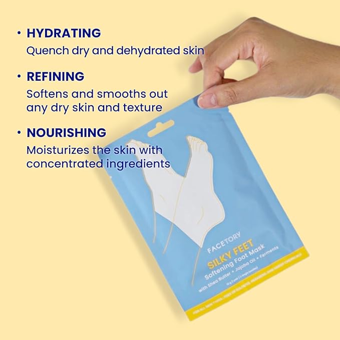 FACETORY Silky Feet Softening Foot Mask with Shea Butter, Jojoba Oil, and Ferments - Exfoliating and Moisturizing Foot Care Mask for Dry and Cracked Feet, Moisture-Locking Socks - 6 Booties