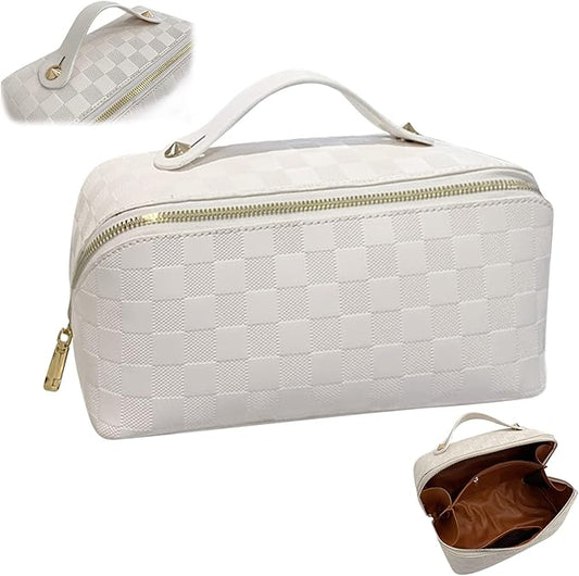 Checkered Travel Cosmetic Bag - Multifunctional Waterproof Large-capacity Makeup Bag with Handle and Divider for Easy Access (White-Checkered)