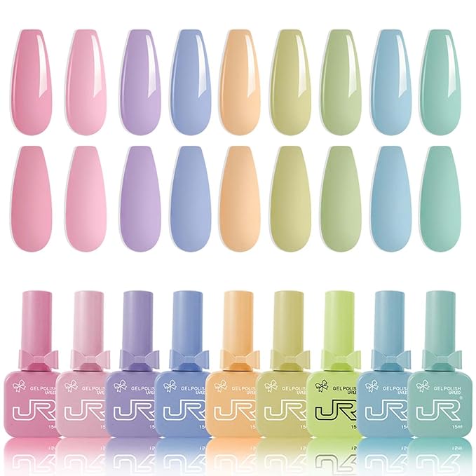 JR 9pcs 15ml gel nail polish set Including Red Pink Nude Gel Polish Kit UV LED Soak Off Polish Home DIY Gift D