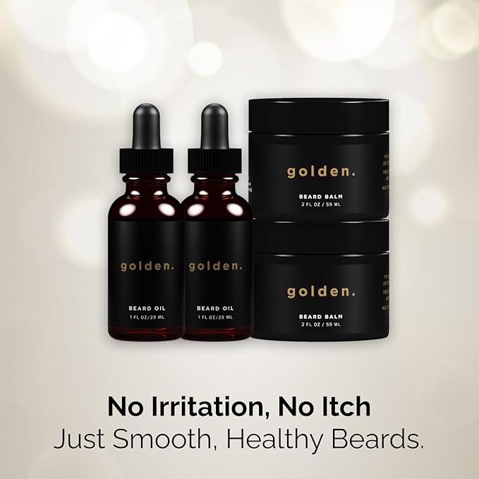 Golden Grooming Beard Oil & Balm Bundle for Men | Natural Growth Kit with Shea Butter | 2-Sets of 2oz Balm & 1oz Oil | Fresh Scent