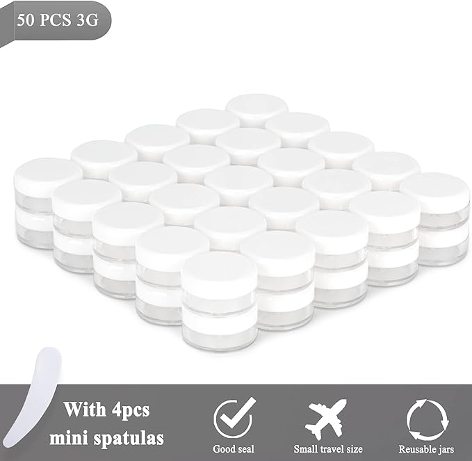 50PCS 3 Gram Sample Containers, 3ml Empty Jars with Lids, Small Cosmetic Containers, Mini Sample Jars with 4PCS Mini Spatulas for Make Up, Oils, Lotion, Powder, Paint, Jewelry, Lip Balms(White Lid)