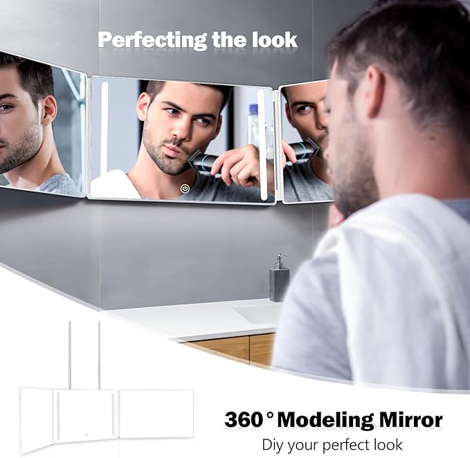 JANMPASK LED 3 Way Mirror for Self Cutting Mirror Vanity Barber Supplies Accessories 360 Makeup Mirror with Light Trifold to See Back of Head(White)