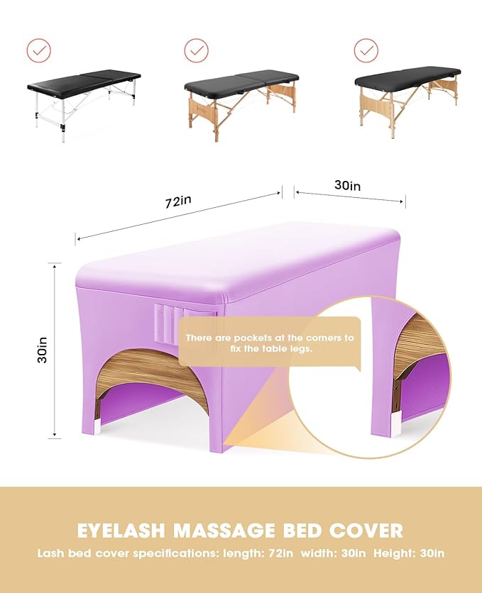 Onism Lash Bed Cover, Wipeable PU Leather Massage Table Cover with Storage Pocket, Waterproof Soft Comfortable Wax Bed Cover for Eyelash Extension, Perfect for Salon Spa Tattoo, Lavender