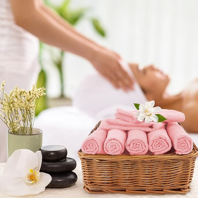 Washcloths Bulk - 100 Pack - Face Towel (12" x 12"), Highly Soft Wash Cloth and Hand Towels, Fast Drying Multi-Purpose Microfiber Cleansing Cloths for Bathroom, Hotel, Spa, and Salon - Pink