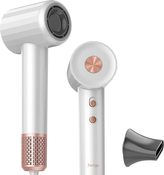 Ionic Hair Dryer, Fentgo Professional High Speed Blow Dryer with Brushless Motor for Fast Drying, Smooth Nozzle, Low Noise, Lightweight, Thermo-Control Bowdryer for Women Home (White)
