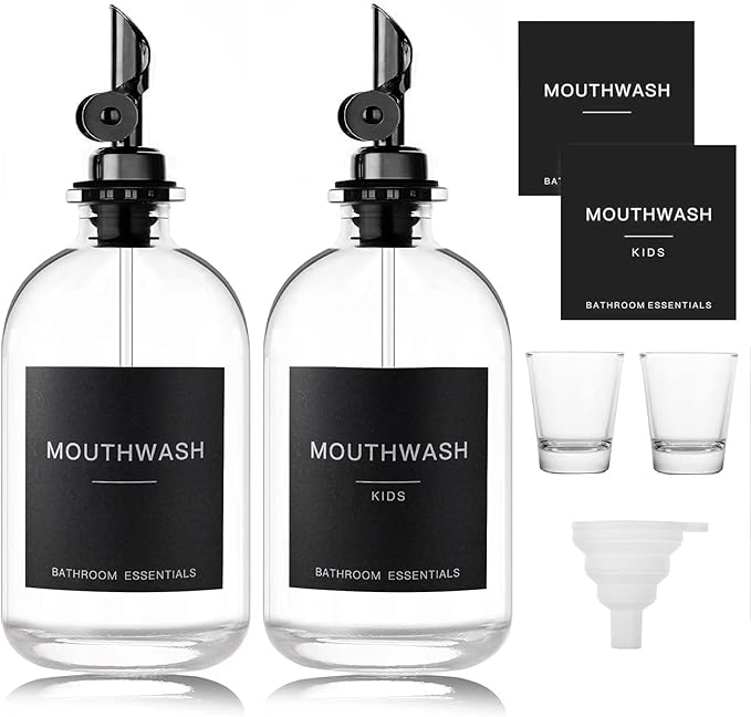 Black Glass Mouthwash Dispenser with Cups, 12.7 oz, 2 Pack - Clear Mouthwash Bottle with 304 Stainless Steel Spout & Minimalist Labels, Style Mouthwash Container for Bathroom