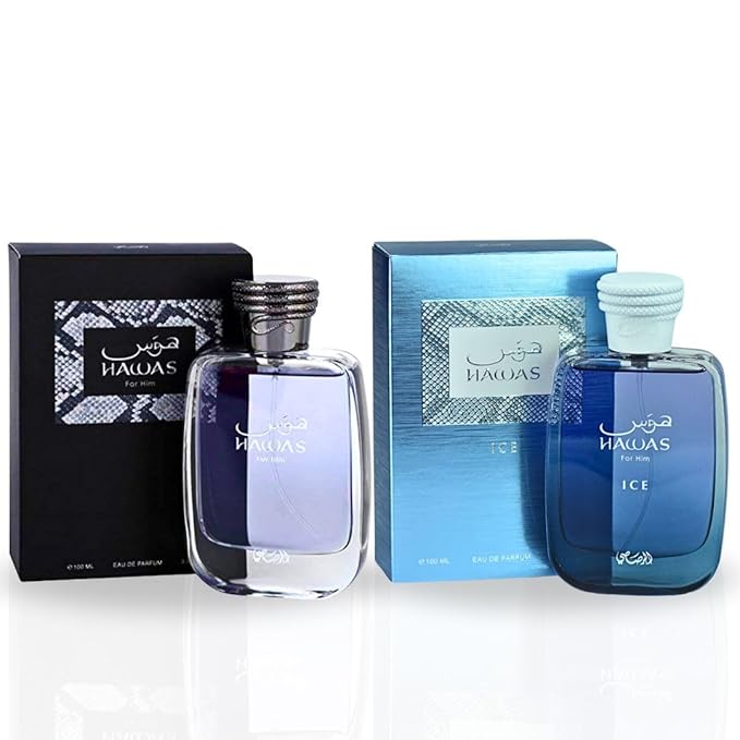 RASASI Hawas & Hawas Ice - For Him EDP Sprays 100ML (3.4 OZ) Long Lasting, Refreshing, Aquatic, Luxurious Masculine Scents. (Value Pack)