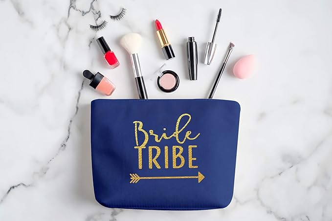 Heather & Willow 6 Piece Set | Navy Blue Bride Tribe Canvas Cosmetic Makeup Clutch Gifts Bag for Bridesmaid Proposal Box & Bridesmaids Bachelorette Party Favors