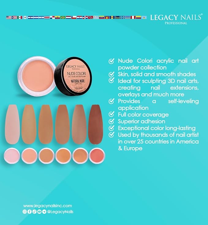 Legacy Nails Professional ACRYLIC NAIL POWDER COLLECTION - High-Pigment Formula, Long-Lasting Wear & Salon-Quality Nail Art, Extensions, and Sculpting (NUDE COLORI COLLECTION)